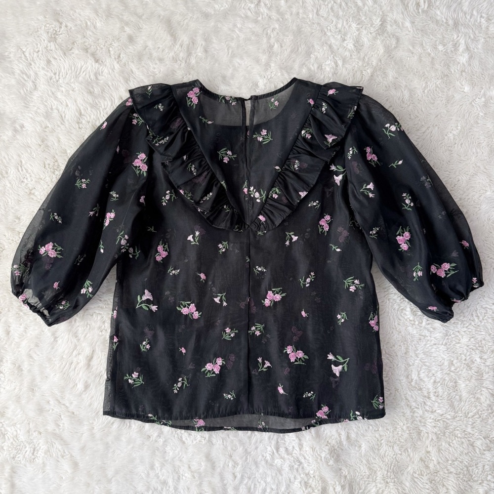 Zara Woman Black Sheer Embroidery Floral Ruffle Puff Sleeve Top SMALL Whimsigoth - Picture 5 of 9